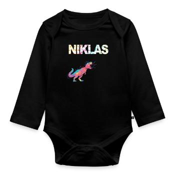 NIKLAS - Beautiful boy name with dinosaur - Organic Longsleeve Baby Bodysuit - black - Front
