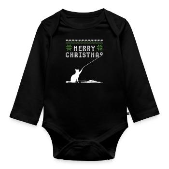 Merry Christmas Cat Ugly Sweater - Organic Longsleeve Baby Bodysuit - black - Front