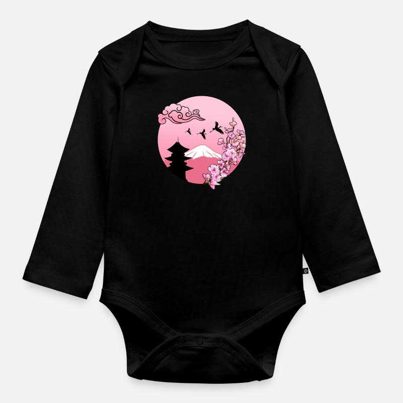 Sakura Cherry Blosseom Pink - Organic Longsleeve Baby Bodysuit - black