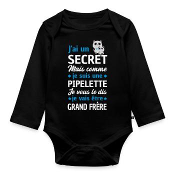 jai un secret / je vais être grand frère - Body Bébé bio manches longues - noir - Devant