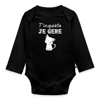 T inquiète Je Gère Humour chat kawaii femme - Body Bébé bio manches longues - noir - Devant