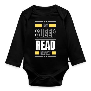 manger dormir lire répéter l’idée cadeau lire le slogan - Body Bébé bio manches longues - noir - Devant