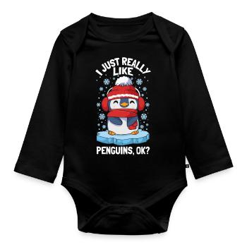J’aime vraiment les pingouins Mignon pingouin d’hiver - Body Bébé bio manches longues - noir - Devant