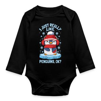 J’aime vraiment les pingouins Mignon pingouin d’hiver - Body Bébé bio manches longues - noir - Devant