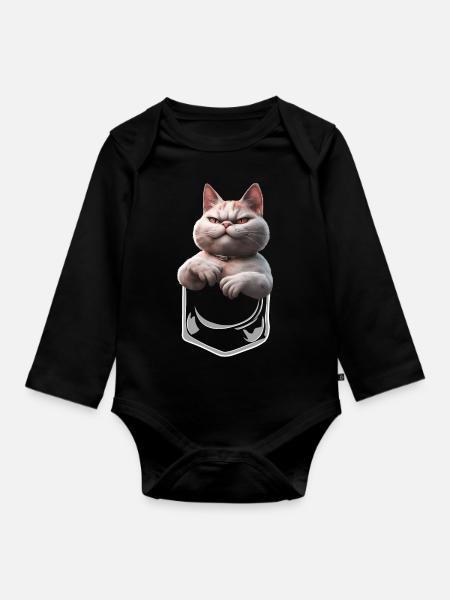 Böse guckende Katze in Brusttasche - Baby Bio-Langarm-Body - Schwarz