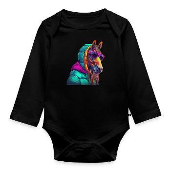 Pferd mit Sonnenbrille Bunt Coole Pferde - Baby Bio-Langarm-Body - Schwarz - Vorne