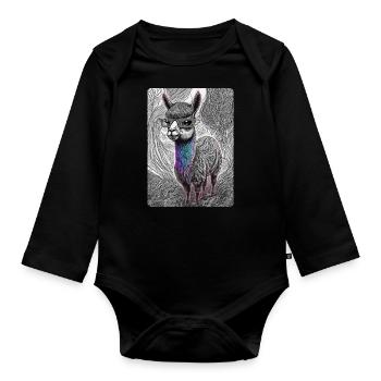 Black and White Llama with Glasses - Organic Longsleeve Baby Bodysuit - black - Front