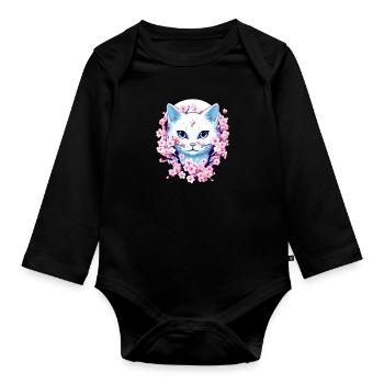 Kawaii Cat Japanese Retro Funny Anime Cat - Organic Longsleeve Baby Bodysuit - black - Front