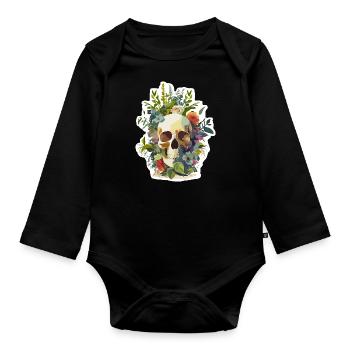 Human Skull & Flowers 12 - Organic Longsleeve Baby Bodysuit - black - Front