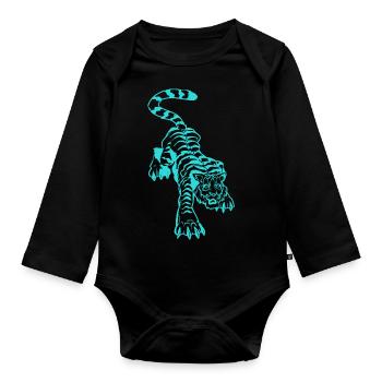 Tiger und Blitz unter den Pfoten (einfarbig blau - Baby Bio-Langarm-Body - Schwarz - Vorne