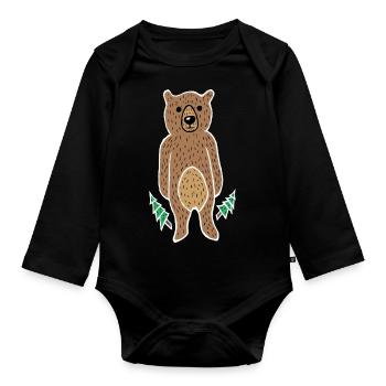 Funny & Cute Bear in the Forest (White Border) - Organic Longsleeve Baby Bodysuit - black - Front