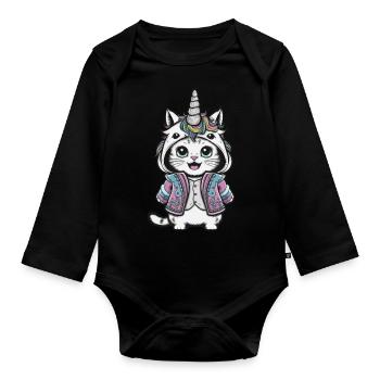 Niedliche Einhorn Katze mit brillanten Farben - Baby Bio-Langarm-Body - Schwarz - Vorne