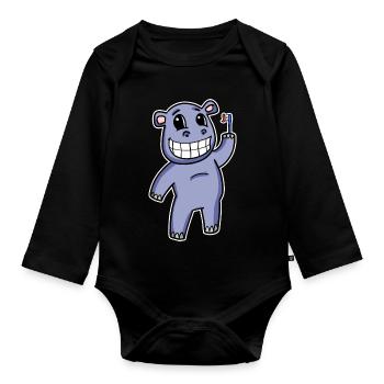 Hippo with toothbrush - Organic Longsleeve Baby Bodysuit - black - Front