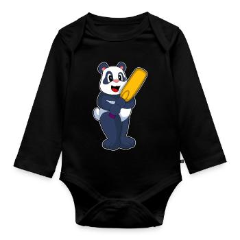 Panda Cricket Cricketschläger - Baby Bio-Langarm-Body - Schwarz - Vorne
