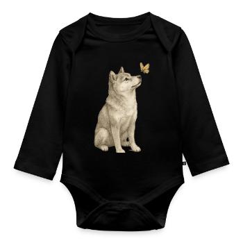 Shiba Inu with Butterfly Vintage Art - Organic Longsleeve Baby Bodysuit - black - Front