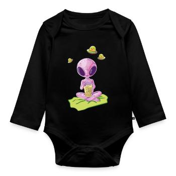 Purple Alien Drinking on Green Carpet - Organic Longsleeve Baby Bodysuit - black - Front