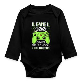 Level 100 Tage Der Schule Freigeschaltet Gamer - Baby Bio-Langarm-Body - Schwarz - Vorne