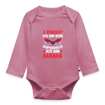 Mom of 3 children superheroine - Organic Longsleeve Baby Bodysuit - mauve - Front