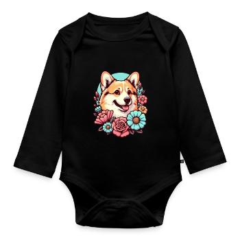 Welsh Corgi Pembroke Retro Pastell Blumen - Baby Bio-Langarm-Body - Schwarz - Vorne