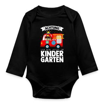 ACHTUNG ich bin jetzt im Kindergarten Feuerwehr - Baby Bio-Langarm-Body - Schwarz - Vorne