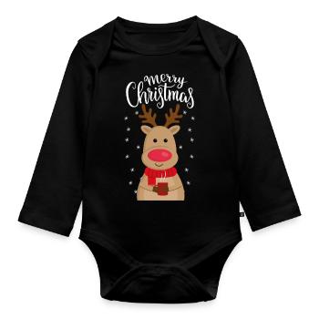 Merry Christmas, Weihnachten, Rudolf, Rudolph - Baby Bio-Langarm-Body - Schwarz - Vorne