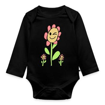 fleur au visage joyeux - Body Bébé bio manches longues - noir - Devant