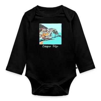 cinque terre ,blue,postcard, watercolour, italy - Organic Longsleeve Baby Bodysuit - black - Front