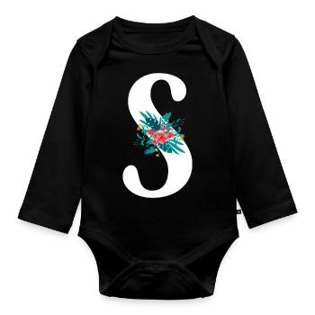 letter S flowered - Organic Longsleeve Baby Bodysuit - black - Front