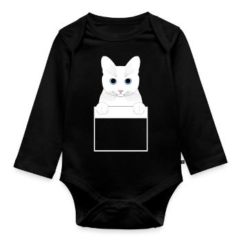 Chat blanc poche - Body Bébé bio manches longues - noir - Devant