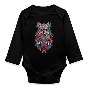 Eulen Mandala Spirit Tier Schamane Feder Design - Baby Bio-Langarm-Body - Schwarz - Vorne
