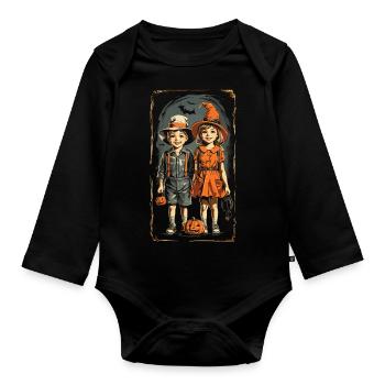 Kinder Halloween Vintage Kürbis Retro Art - Baby Bio-Langarm-Body - Schwarz - Vorne