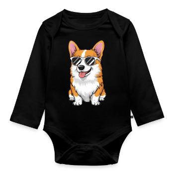 Moderner und cooler Corgi mit Sonnenbrille - Baby Bio-Langarm-Body - Schwarz - Vorne