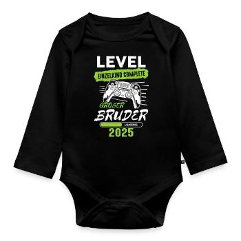 Level Einzelkind Complete Großer Bruder 2025 - Baby Bio-Langarm-Body - Schwarz - Vorne