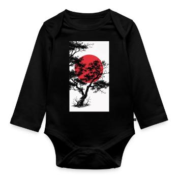 Manga-Style Dark Tree with Red Sun - Organic Longsleeve Baby Bodysuit - black - Front