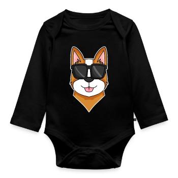 Welsh Corgi Pembroke dog with sunglasses - Organic Longsleeve Baby Bodysuit - black - Front