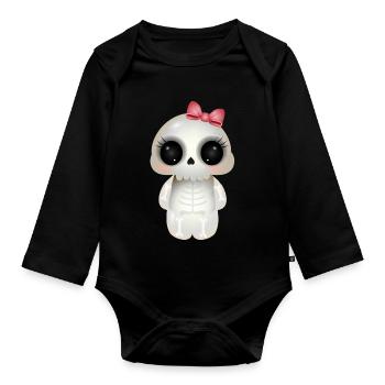 cute skull with pink bow - Organic Longsleeve Baby Bodysuit - black - Front