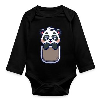Panda Pocket Funny and Original Gift Idea - Organic Longsleeve Baby Bodysuit - black - Front