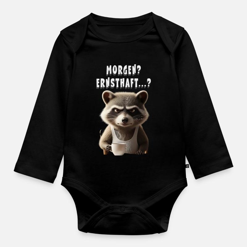 Grumpy raccoon with coffee saying morning grouch - Organic Longsleeve Baby Bodysuit - black