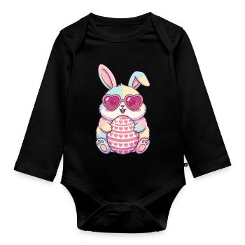 Pastel bunny with heart glasses and egg - Organic Longsleeve Baby Bodysuit - black - Front