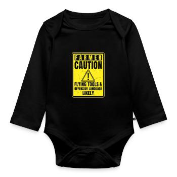 Caution Farmer Flying Tools And Offensive Language - Baby Bio-Langarm-Body - Schwarz - Vorne