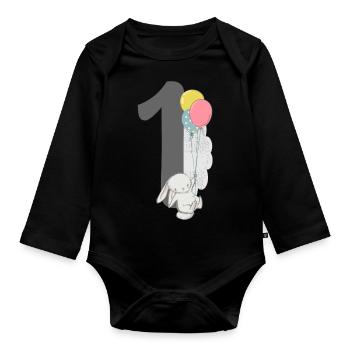 Birthday 1 figure hare with balloon boy - Organic Longsleeve Baby Bodysuit - black - Front