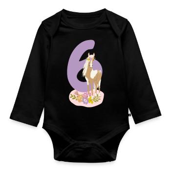 Birthday Number 6 Horse Pony Folen Girl - Organic Longsleeve Baby Bodysuit - black - Front