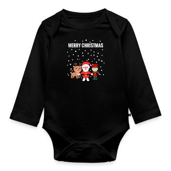 MERRY CHRISTMAS, Weihnachtsmann, Rentier, Elf - Baby Bio-Langarm-Body - Schwarz - Vorne