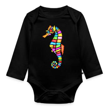 Seepferdchen Seepferd maritim Tier unter Wasser - Baby Bio-Langarm-Body - Schwarz - Vorne