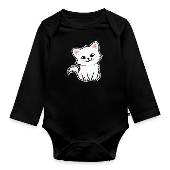 Cartoon Cat White Cat Illustration - Organic Longsleeve Baby Bodysuit - black - Front