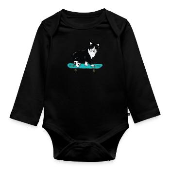 Funny Cat Skateboarding - Organic Longsleeve Baby Bodysuit - black - Front