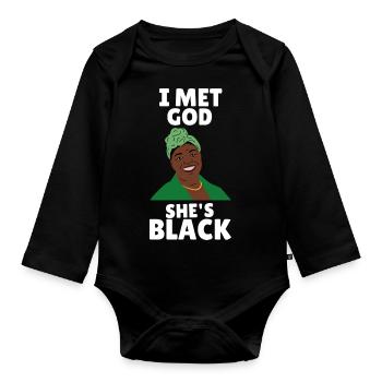 J'ai rencontré Dieu, elle est noire, féminisme, tapis de vie noire - Body Bébé bio manches longues - noir - Devant