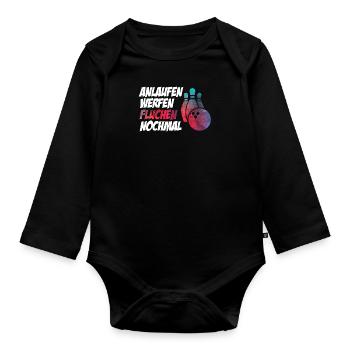 Lustiger Bowling Spruch Anlaufen Werfen - Baby Bio-Langarm-Body - Schwarz - Vorne