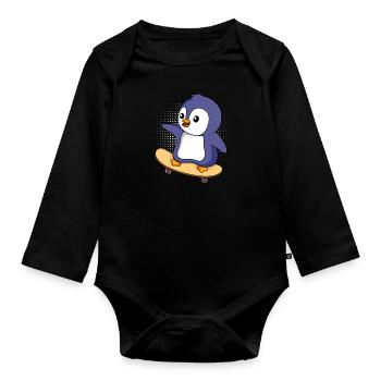 Skater PInguin Skateboarding Pinguin - Baby Bio-Langarm-Body - Schwarz - Vorne