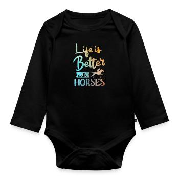 Life is better with Horses Pferde - Organic Longsleeve Baby Bodysuit - black - Front